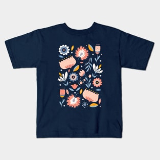 Folk Art Florals in Blue + Pink Kids T-Shirt